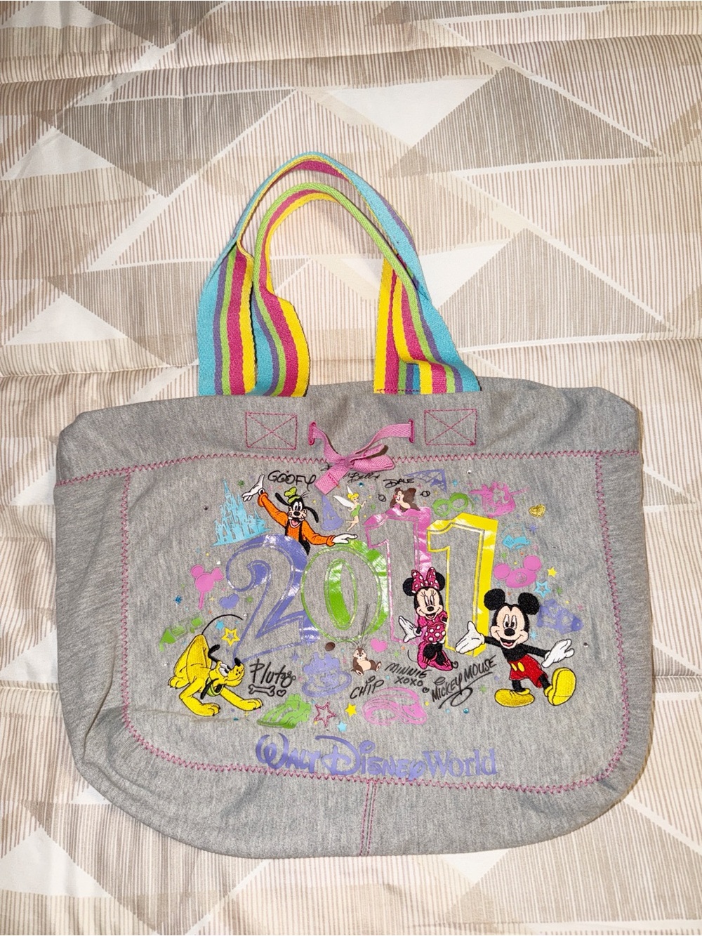 Disney Gray Tote Bag with Rainbow Stripe Handles